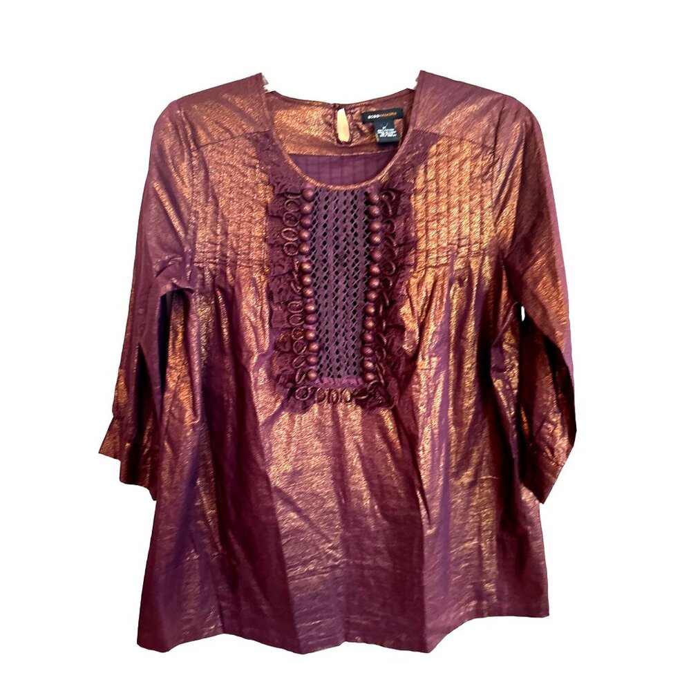BCBGMAXAZRIA Metallic Purple and Gold Cotton Blouse With Lace Button Detail Sz M